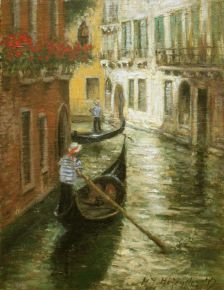 "Gondolierzy Gondoliers Wenecja Venedig Venice Venetia" oil, 38x29cm